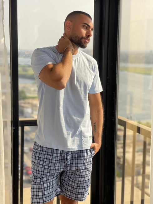 Men summer pajama set Light Blue T-shirt + Dark Blue X Light Blue Checkered Short